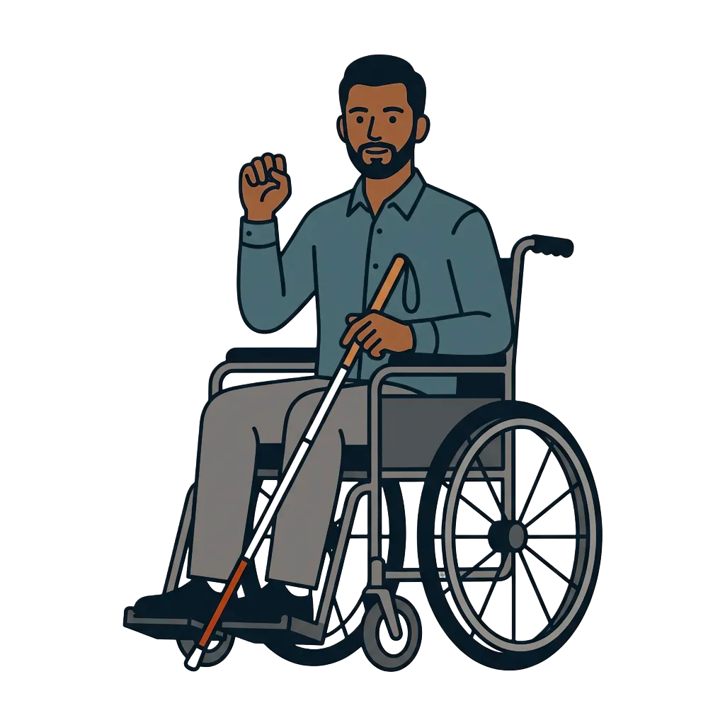 Shah Access Services Logo: A South Asian professional in a wheelchair using a mobility cane and fingerspelling.